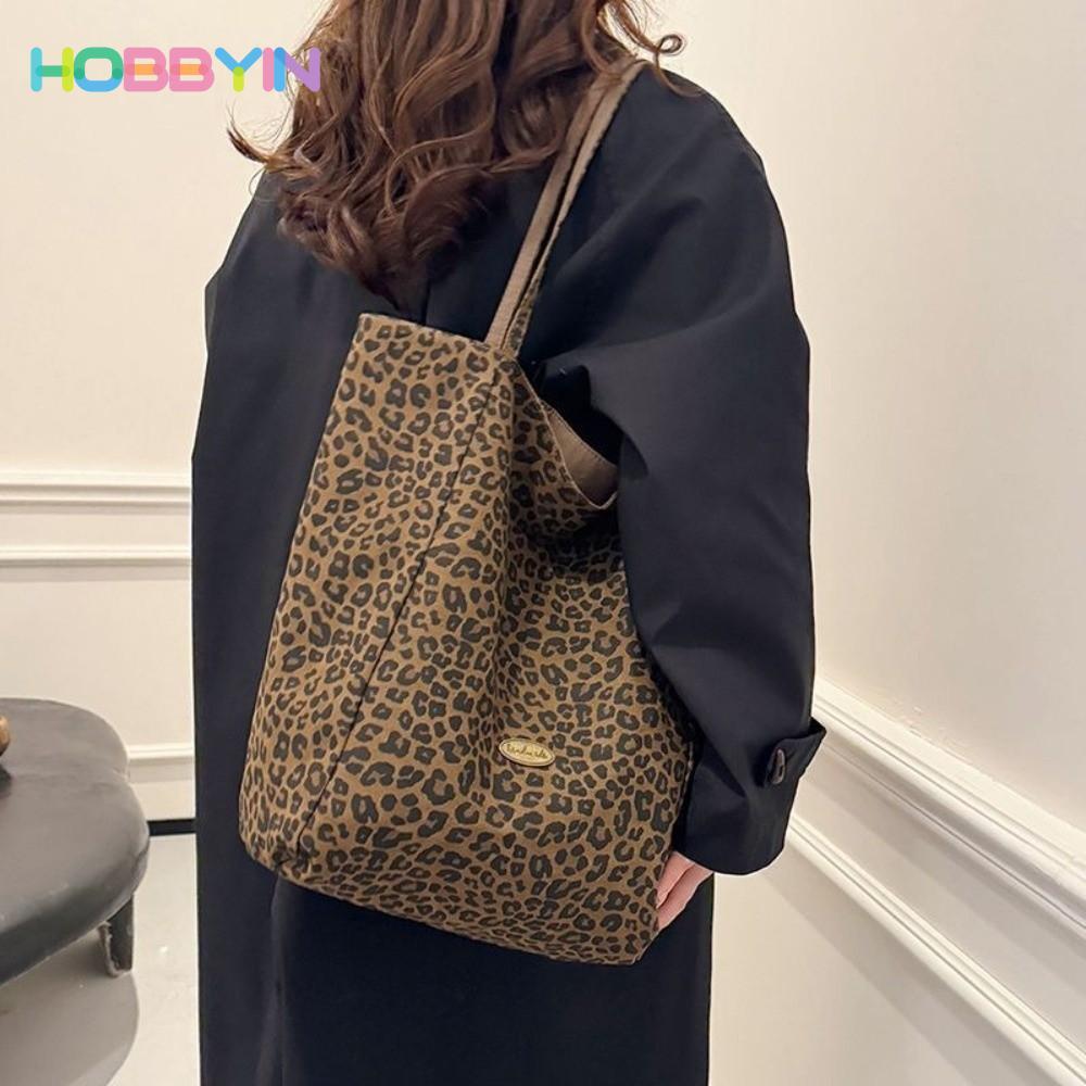 HOBBYIN Túi vải HOBBYIN, Túi in da báo dung tích lớn đa năng, Túi Tote bền hai mặt thời trang Sử dụng hàng ngày