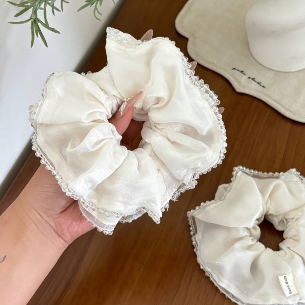 Hululu / {Soft Cream Satin} Crystal Seaming Dây buộc tóc ruột lớn Ngọc trai Satin Thời trang Nhẹ nhàng Con gái Phong cách bóng Dây cao su da đầu