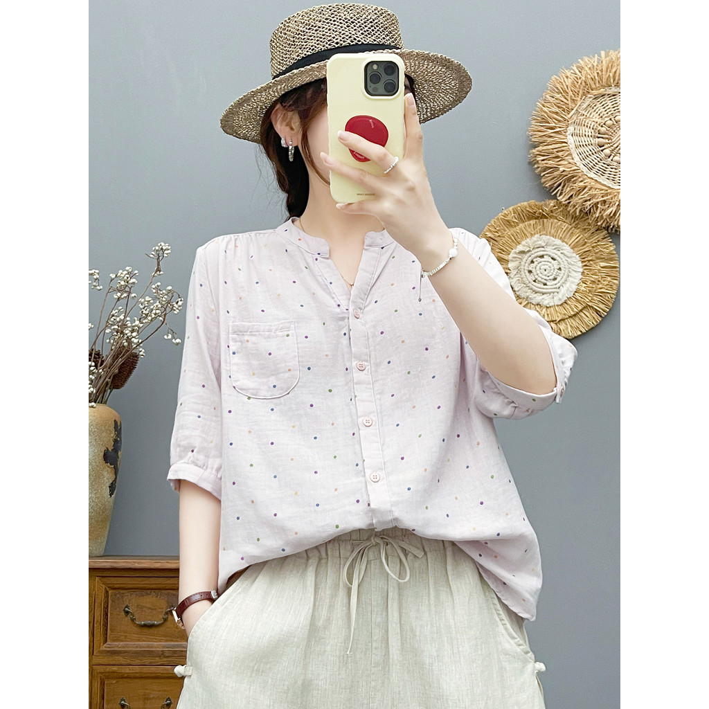 [Hàng có sẵn] Áo sơ mi nữ Cotton chấm bi mùa hè tay áo vừa mềm mại