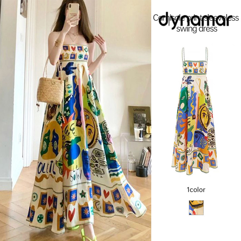 【dynamar】Váy liền thân Đầm in họa tiết graffiti gợi cảm dành cho nữ, đầm yếm không tay, đầm xòe rộng