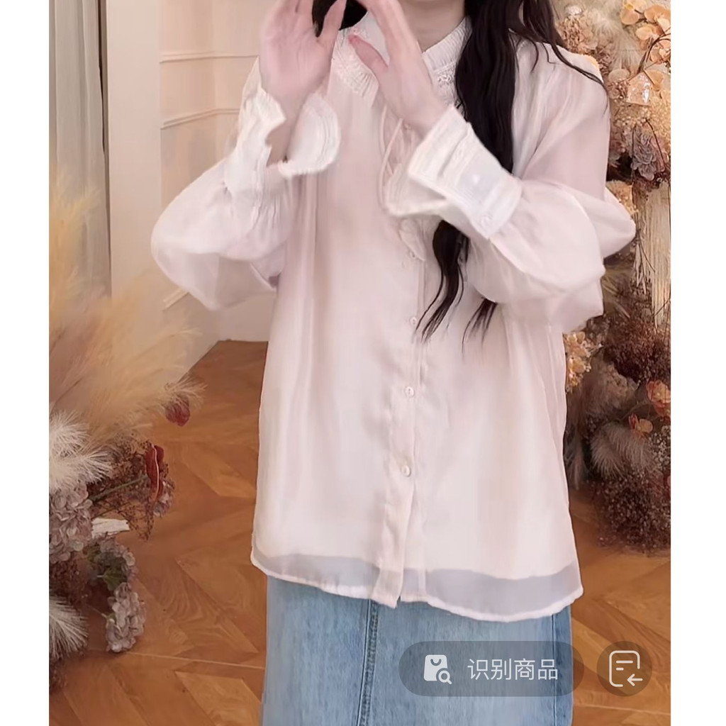 Mutu Áo sơ mi puff tay voan phong cách Pháp màu hồng tinh tế cho mùa xuân