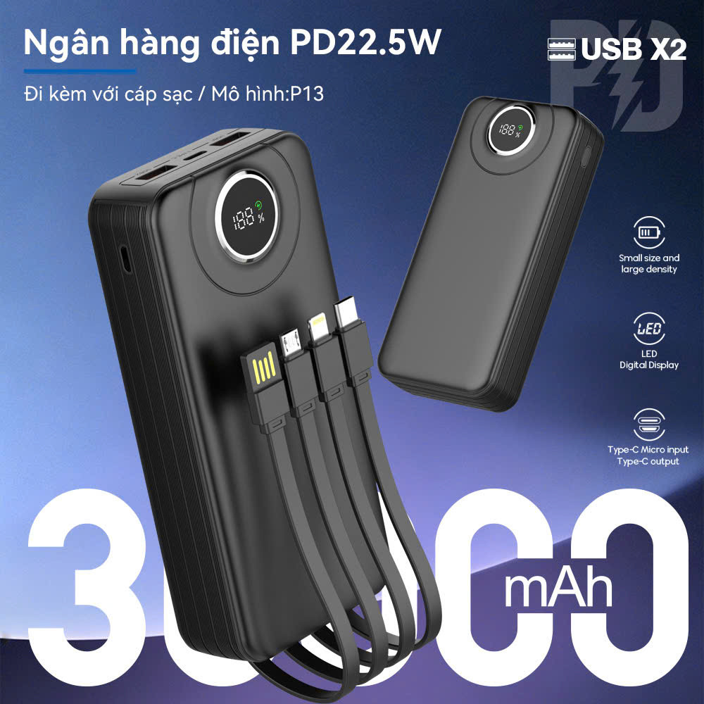 Pin Dự Phòng 30000mAh Sạc Nhanh PD 20W / 22.5W Chứng Nhận 3C Tích Hợp 4 Dây Cáp Sạc Tiện Lợi Màn Hình LED Hiện Thị Pin
