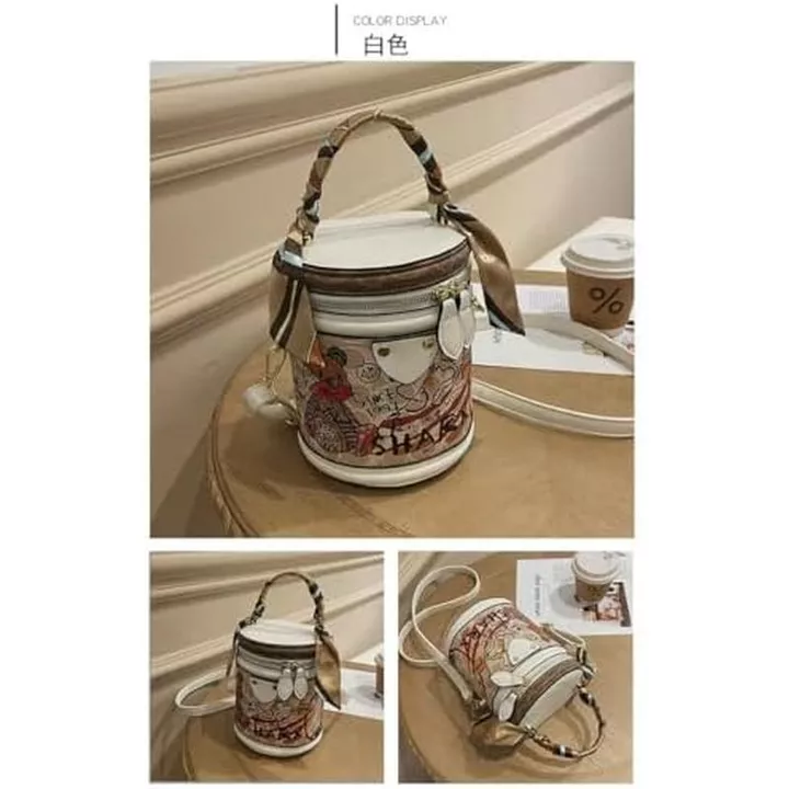 Túi đeo chéo Mini Bucket dành cho nữ, Túi đeo chéo hoạt hình, Ví graffiti dành cho nữ, Ví đựng xách tay tròn đeo vai tròn S, Túi xách tinh tế có dây buộc lụa (W – 7