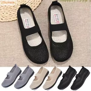 Giày nữ OUSXA đế bằng, mũi vuông thoáng khí, đế mềm lưới mùa hè, slip-on lười cho mẹ, phong cách thường ngày