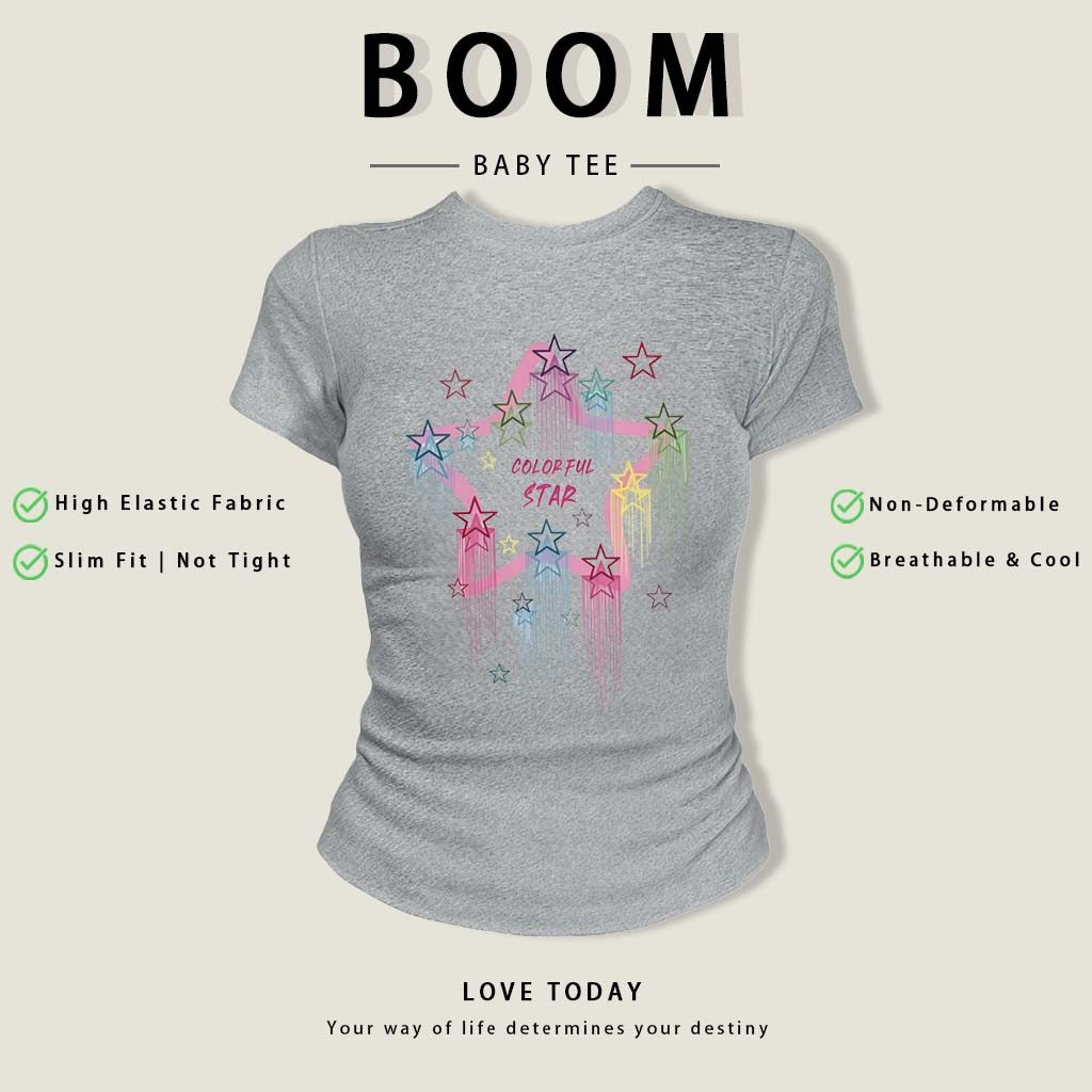 BOOM Áo Baby Tee Nữ Cotton Ôm Body-Áo Thun Ngắn Tay Y2K In Hình PhongCách Mùa Hè, Cổ Tròn Hàng Đầucách hàn quốc phongE70