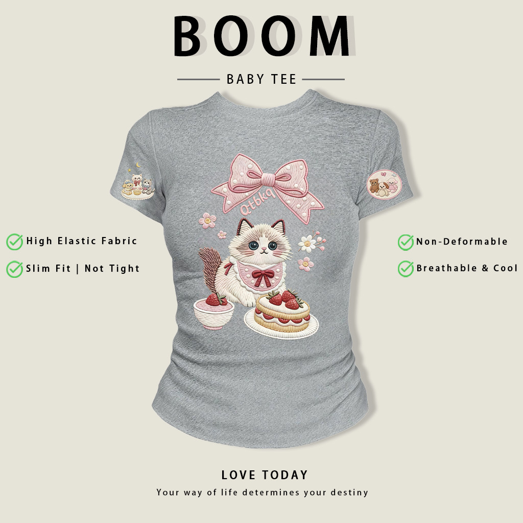 BOOM Áo thêu Baby Tee Nữ Cotton Ôm Body-Áo Thun Ngắn Tay Y2K In Hình PhongCách Mùa Hè, Cổ Tròn Hàng Đầucách hàn phong#02