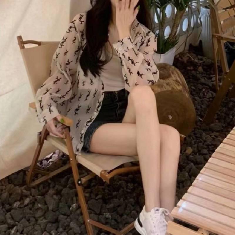 Áo sơ mi voan nữ mùa hè, thiết kế kem chống nắng, slim-fit, in logo đầy đủ