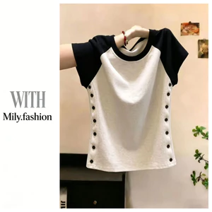 Quần áo nữ Cotton chải kỹ Milyfashion Áo thun ngắn tay màu tương phản eo hẹp Áo thun ngắn tay Slim-Fit Slimmer Look Top