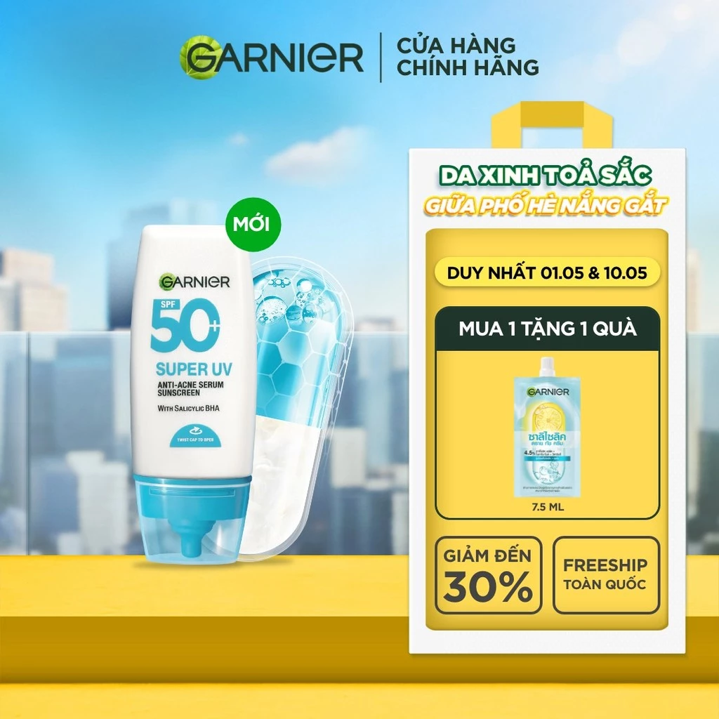 Kem Chống Nắng Garnier Phổ Rộng Kiềm Dầu Đến 12H & Hỗ Trợ Giảm Mụn Spf 50+PA++++ 30ML
