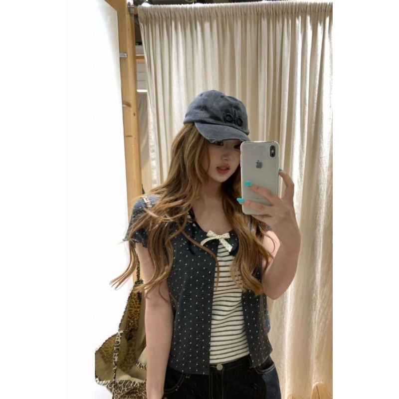 [Khuyến mãi trong thời gian có hạn] Size lớn Fat MM Polka Dot Áo thun ngắn tay hai mảnh giả mùa hè Phong cách mới Slim-Fit Bow Slimm