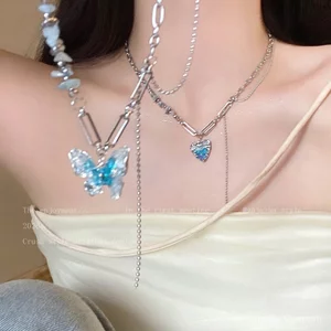 Đôi Cánh Giấc Mơ ~ Vòng Cổ Nơ Xanh Nữ Xuân Hè Cao Cấp Xương Đòn Dây Chuyền 2026 Mới Niche Phụ Kiện