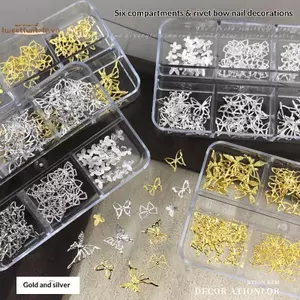 TRTR 6 Lưới Kim Loại Nơ Rỗng Ra Móng Tay Nghệ Thuật Quyến Rũ Vàng Bạc 3D Móng Tay Đinh Tán Trang Trí Móng Tay Phần DIY Phụ Kiện Làm Móng Tay VN
