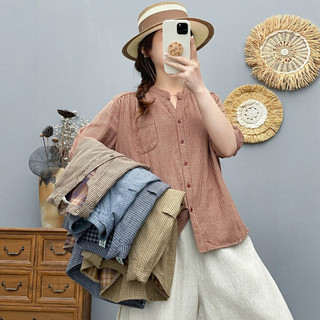 [Hàng có sẵn] Áo sơ mi nữ Cotton Cổ chữ V Kẻ sọc nhỏ tay vừa mùa hè Áo Skinny thường ngày mới