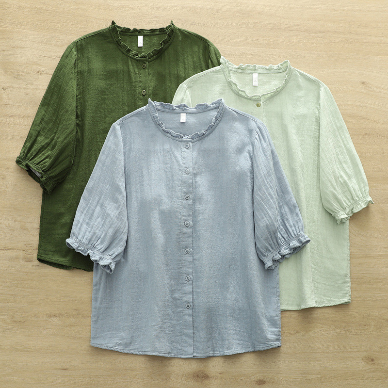 Áo sơ mi nữ cotton cao cấp cổ đứng ren tay ngắn màu trơn