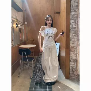 Áo thun ngắn tay đeo vai màu trắng trơn Cotton Hàn Quốc dành cho nữ mùa hè Phong cách mới Slim-Fit Slim-Fit Slimmer Look Design