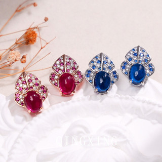 Châu Âu Mỹ ins Phong Cách Mới Đỏ Corundum Sapphire Xanh Spinel Bông Tai Nữ