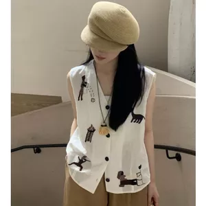 Vải Lanh Thêu Rời Mùa Hè Phong Cách Mới Retro Cotton Vải Lanh Áo Vest Nữ Thiết Kế Cảm Giác Hoạt Hình Cổ Chữ V Áo Không Tay