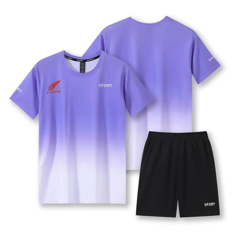 Bộ đồ cầu lông gradient nổi tiếng trên internet Li Ning, vải khô thoáng mát và nhanh chóng, bộ tay ngắn thể thao phong cách cặp đôi
