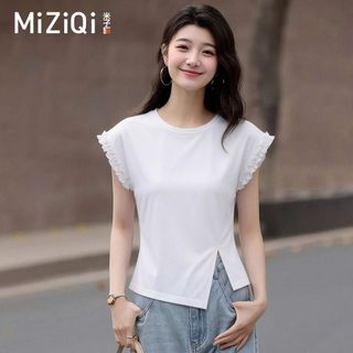 【MIZIQI】 Áo thun ngắn tay màu trơn eo hẹp dành cho nữ, cổ tròn Agaric Edge tay bay nhỏ chia tay