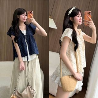 Áo Babydoll Viền Bèo Cộc Tay Hoa Nhí Nơ Ngực Phối Ren Boi Trắng Thời Trang Nữ