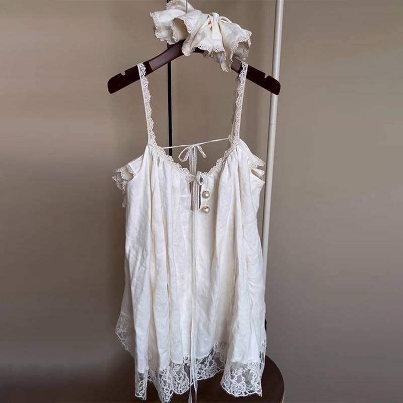PNPIA- Đầm Dây Đeo Đi Biển Babydoll Thiết Kế Du Lịch Ren Thoải Mái Rời Ngắn Sling Trang Phục Nhà