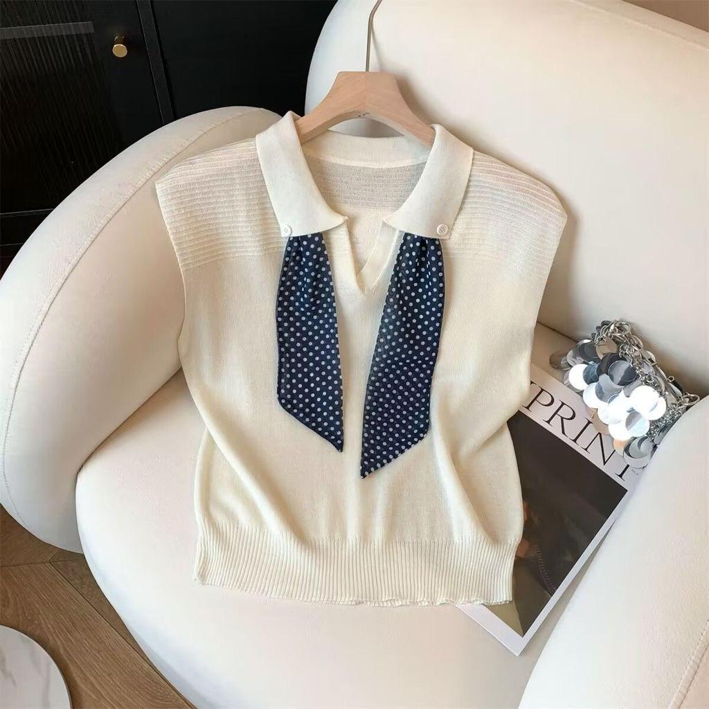 [Hàng mới về] Mùa hè Hàn Quốc Cổ áo polo Thời trang Ve áo Khăn lụa Thiết kế Sense Đan Áo len Top