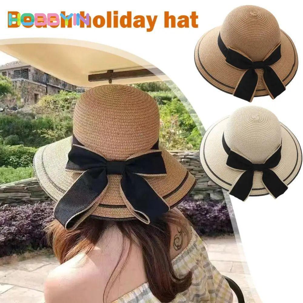 Mũ ngư dân HOBBYIN, Mũ chống nắng nữ thời trang thông thường, Mũ rơm có thể gập lại UV Bảo vệ du lịch Mũ đi biển