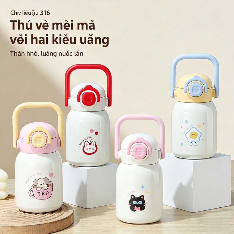 Bình Giữ Nhiệt Inox 316 Dung Tích 480ml - Có Ống Hút, Dây Đeo, Nắp Thú Dễ Thương, Cho Bé & Du Lịch