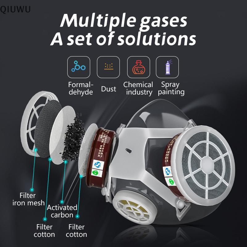 QIUWU Tranh Mặt nạ khí Mặt nạ phòng độc Bộ lọc than kép Công nghiệp hóa chất Thuốc trừ sâu Kính chống sương mù Mặt nạ bảo vệ.
