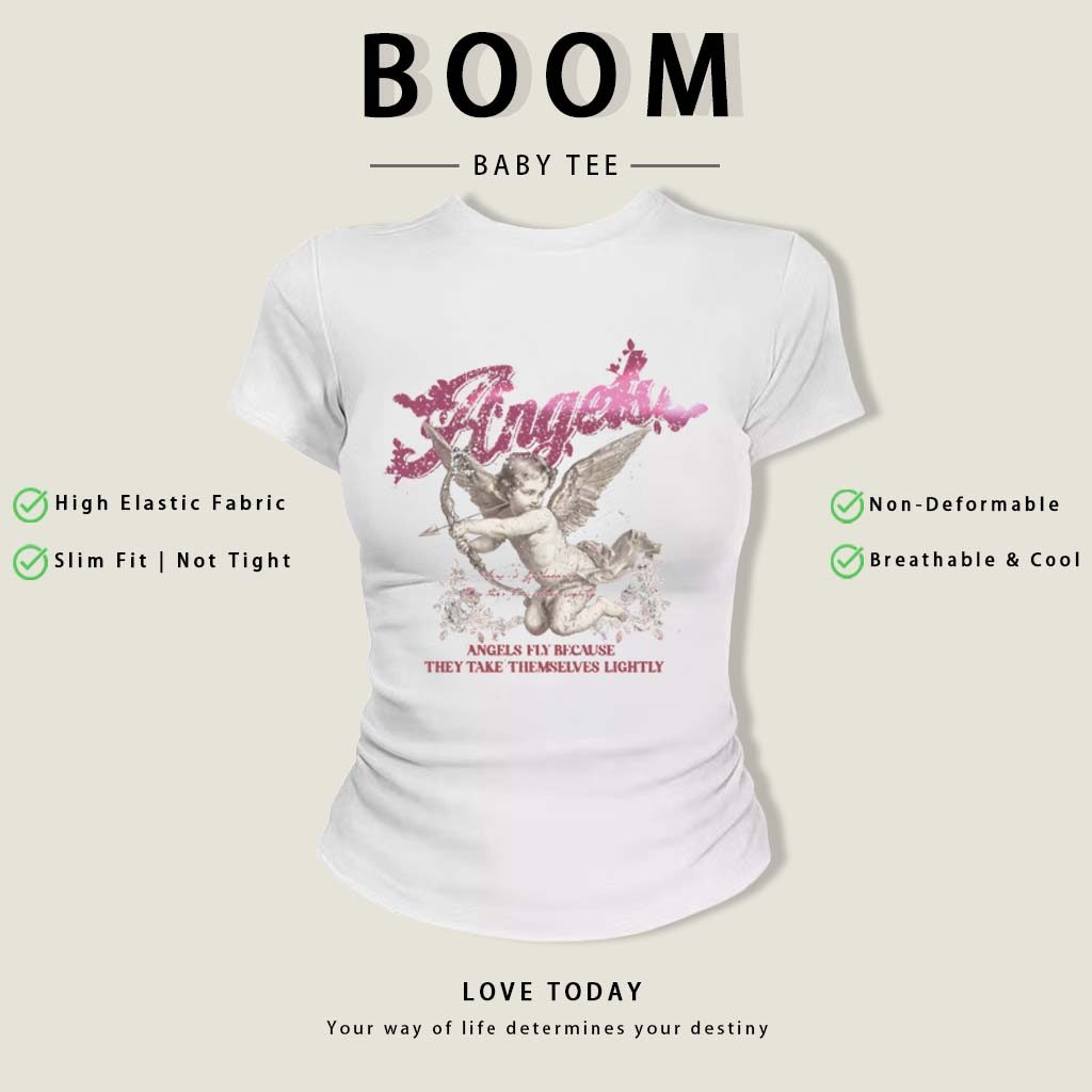 BOOM Áo Baby Tee Nữ Cotton Ôm Body-Áo Thun Ngắn Tay Y2K In Hình PhongCách Mùa Hè, Cổ Tròn Hàng Đầucách hàn quốc phongR02