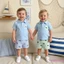 Bộ bé trai tập đi Áo sơ mi ngắn tay có nút thêu rùa / cá mập + Quần Short sọc 2 chiếc Trang phục mùa hè