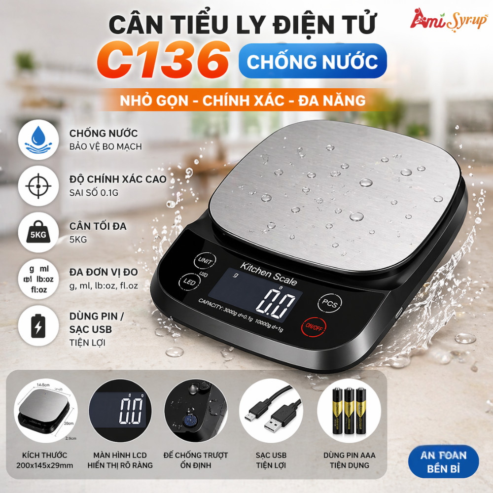 Cân Chống Nước C136 Dùng Pin/ Sạc USB - Mẫu Đẹp, Độ Bền Cao & Hiệu Quả Tuyệt Vời