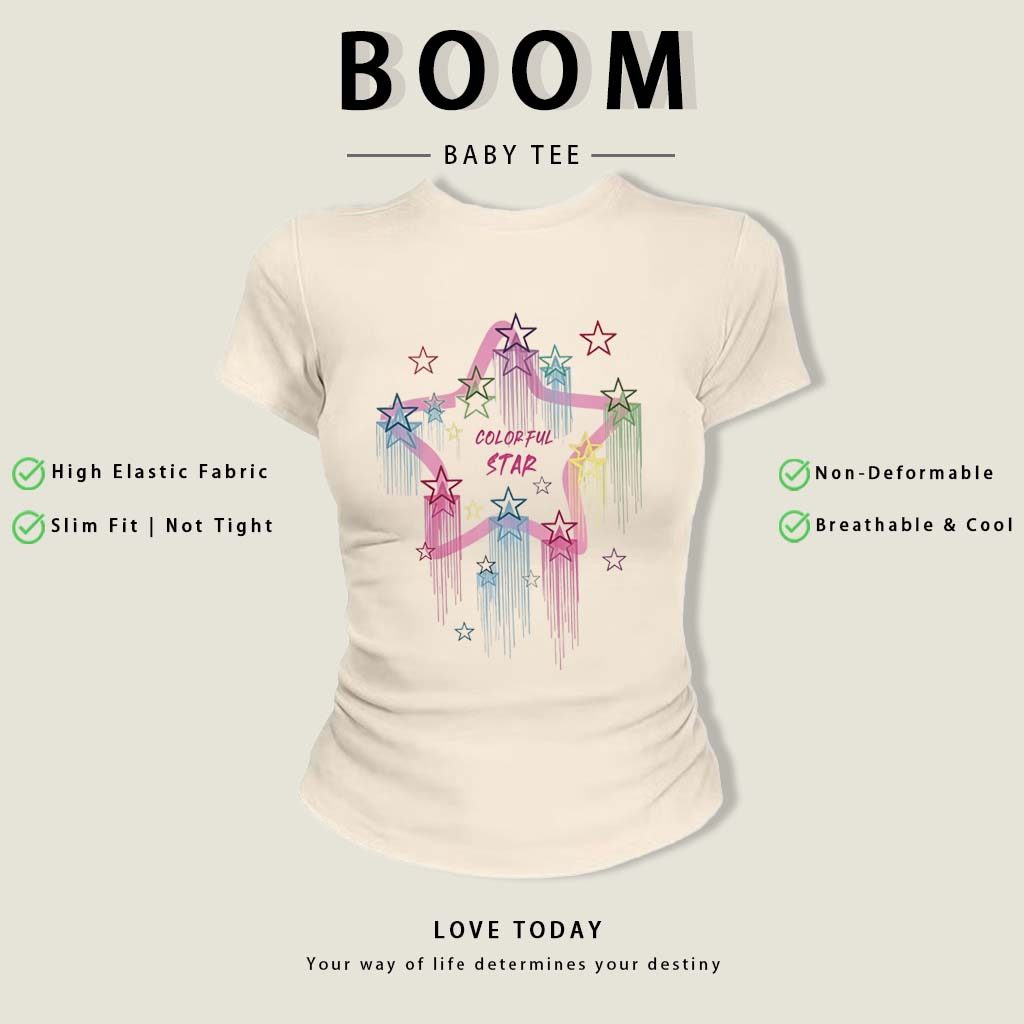 BOOM Áo Baby Tee Nữ Cotton Ôm Body-Áo Thun Ngắn Tay Y2K In Hình PhongCách Mùa Hè, Cổ Tròn Hàng Đầucách hàn quốc phongE70