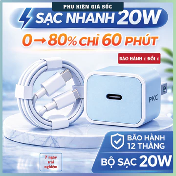 Bộ sạc nhanh 20W: Cốc sạc Type C + “Cáp sạc (C-L) hoặc (C-C)” sạc 60 phút lên 80% pin sạc nhanh gấp 3 lần