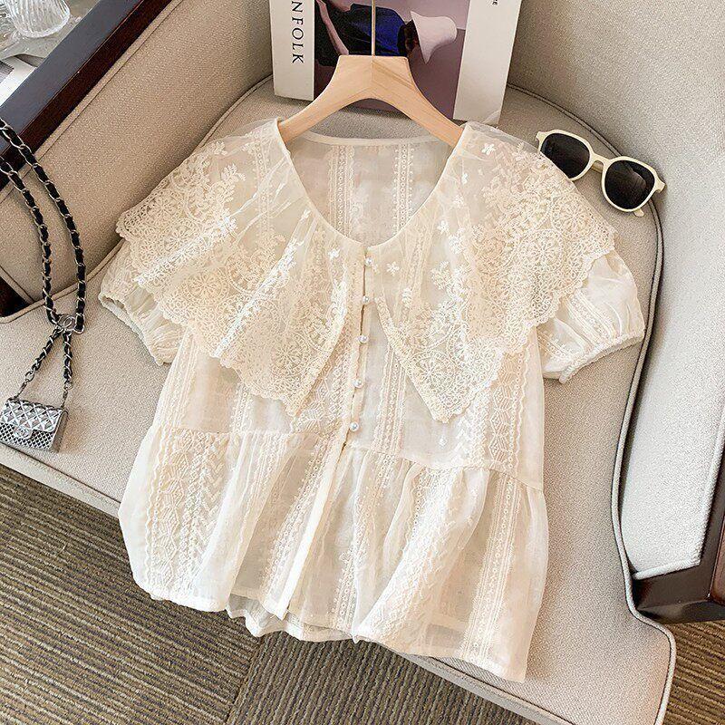 Áo sơ mi cotton kiểu Pháp thêu ren, short sleeves, hơi trong suốt - Perfect cho mùa hè