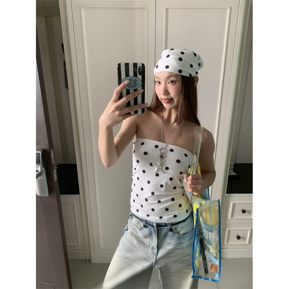 Milyfashion Với Miếng Lót Ngực Chấm Bi Ống In Hình Màu Trắng Mỏng Phù Hợp Với thon gọn Hơn Nhìn Không Tay Nữ Áo Ngắn