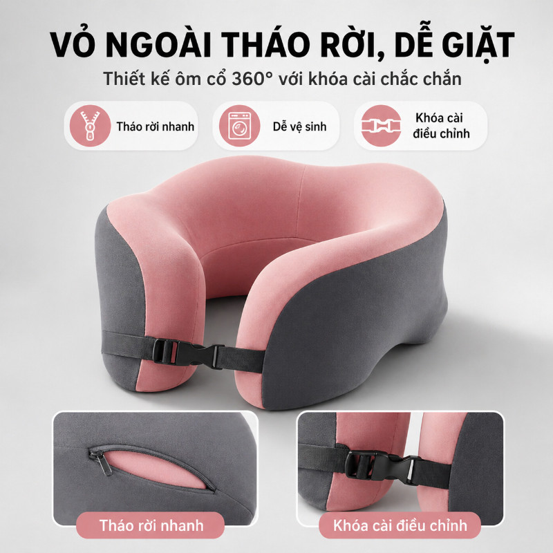 Gối chữ U memory foam cao cấp, hỗ trợ cổ chống đau mỏi, dùng làm gối ngủ trưa văn phòng & du lịch, êm ái thoáng khí