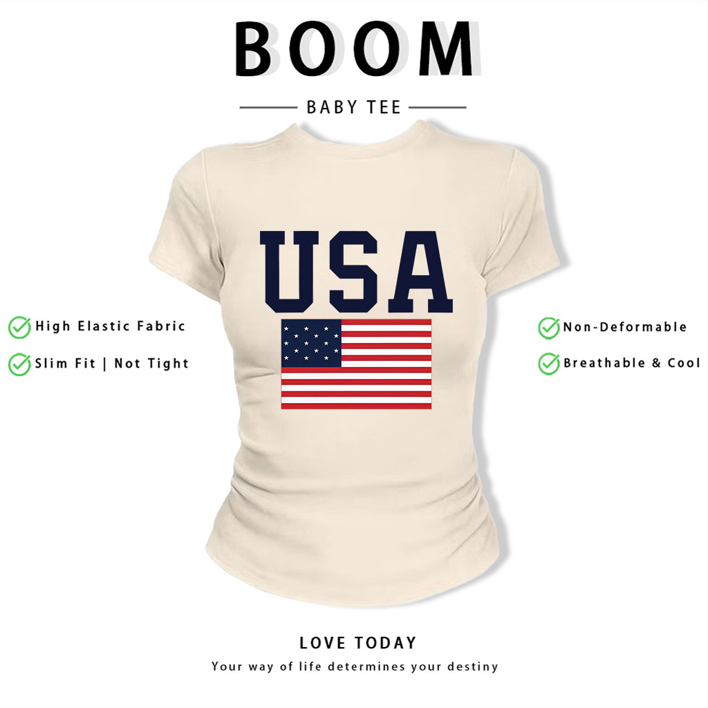BOOM Áo Baby Tee Nữ Cotton Ôm Body-Áo Thun Ngắn Tay Y2K In Hình PhongCách Mùa Hè, Cổ Tròn Hàng Đầucách hàn quốc phongR36
