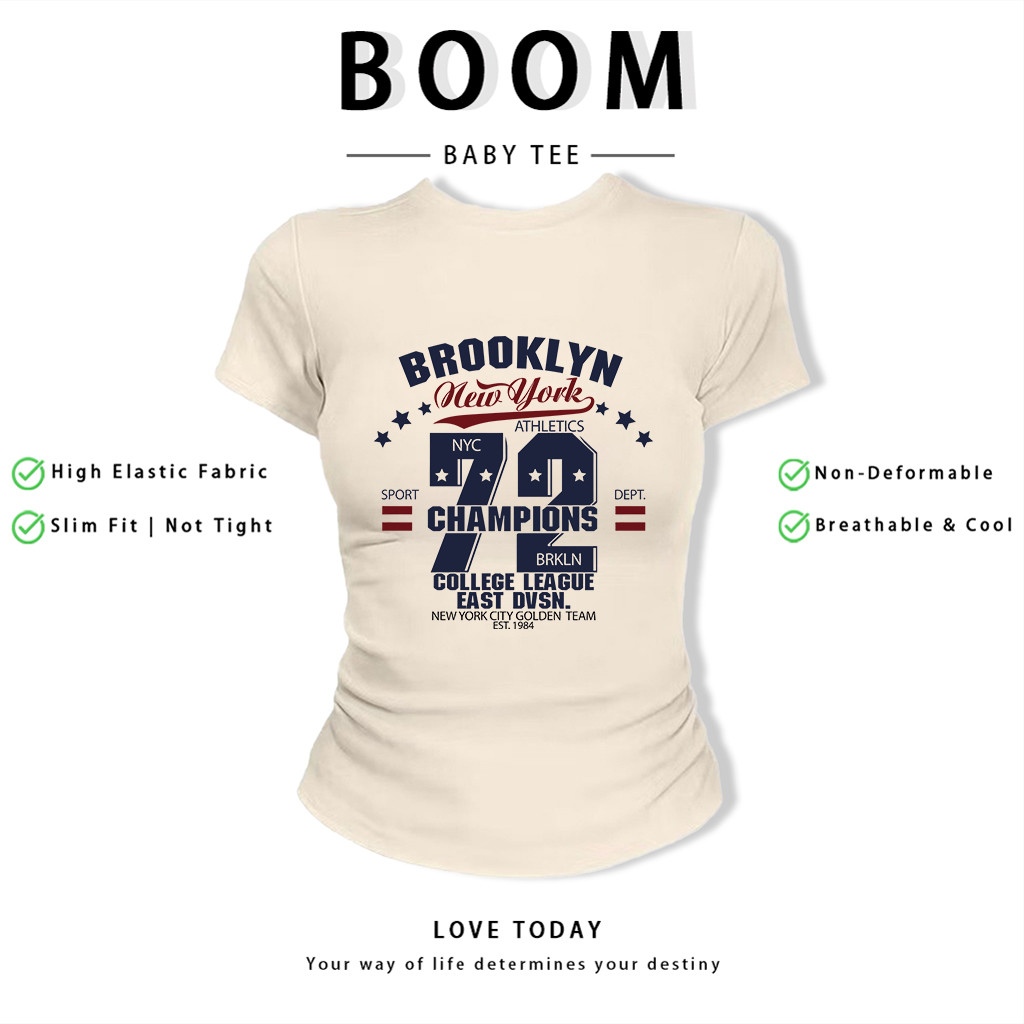 BOOM Áo Baby Tee Nữ Cotton Ôm Body-Áo Thun Ngắn Tay Y2K In Hình PhongCách Mùa Hè, Cổ Tròn Hàng Đầucách hàn quốc phongA87