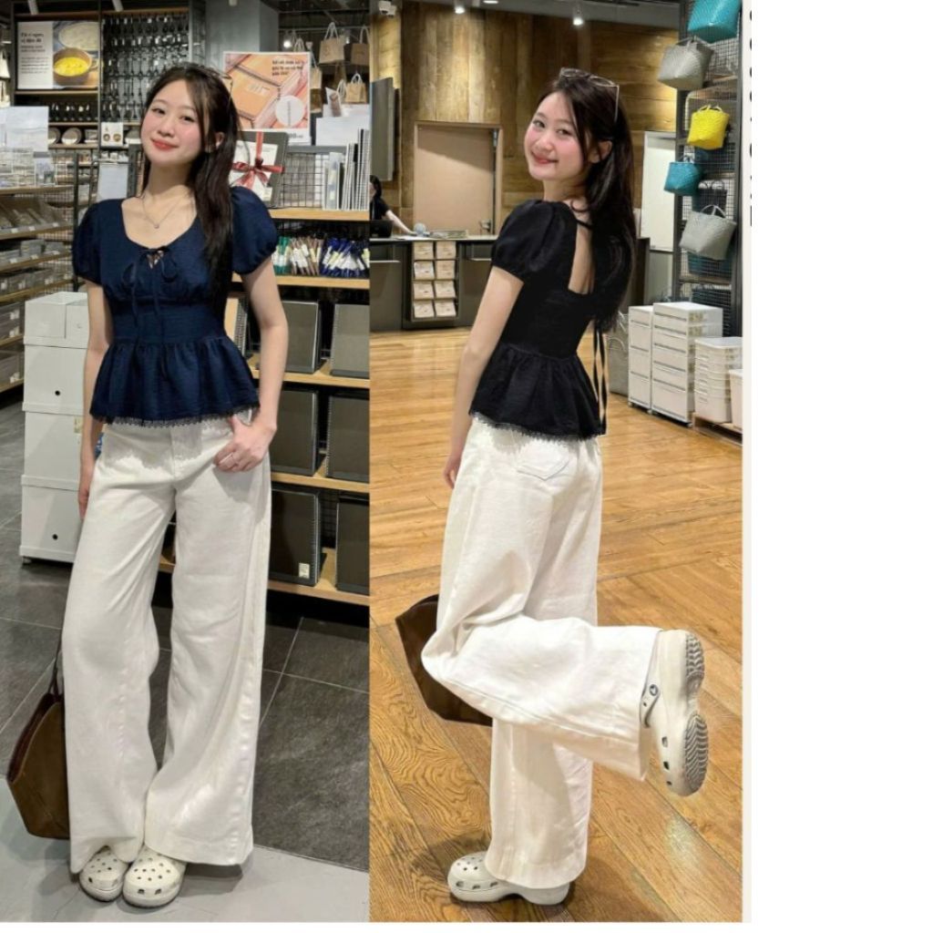 Áo Kiểu Nơ Buộc Bo Eo Tay Bồng Pha Ren A31177 Thời Trang Nữ Bigsize - SamHi Closet