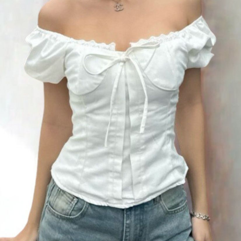Áo babydoll nữ kiểu Linen tay phồng nơ ngực công chúa phong cách Ma380 - SamHi Closet