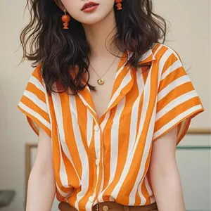 Áo sơ mi ngắn tay màu cam sọc, phong cách thời trang dành cho nữ mùa hè, tiện lợi cho mọi dịp
