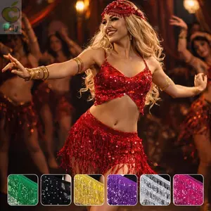 Váy khiêu vũ bụng Roly sequin decorate, trang phục biểu diễn với tua rua và khăn quàng cổ gợi cảm