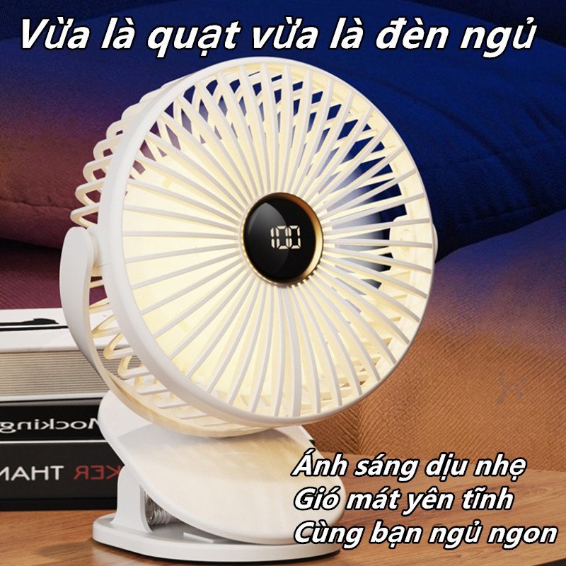 quạt tích điện mini xoay 360 độ 5 cấp gió không tiếng ồn pin lâu đèn ngủ phòng ngủ văn phòng