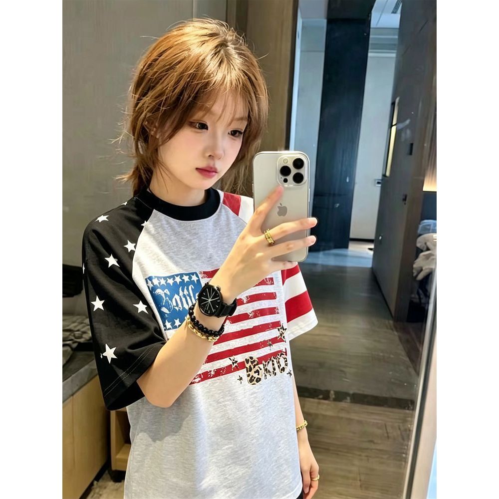 Milyfashion Áo Thun Tay Ngắn Màu Sắc Tương Phản Ngôi Sao, Phong Cách Mỹ Preppy Style Mùa Hè