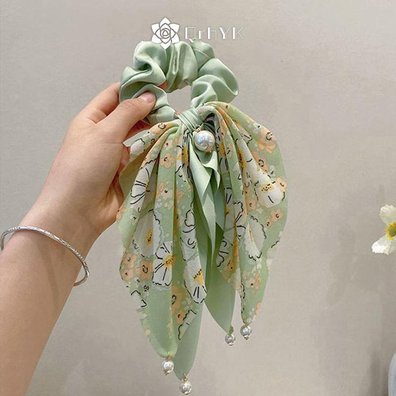 Dây buộc tóc retro thanh lịch với nơ ngọc trai, phong cách Hàn Quốc dành cho tóc đuôi ngựa