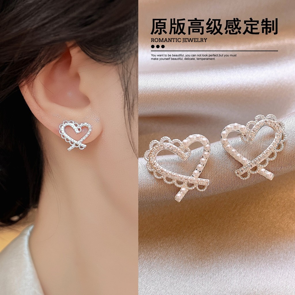 Bông tai hình trái tim giả ngọc trai ren, thời trang cho nữ