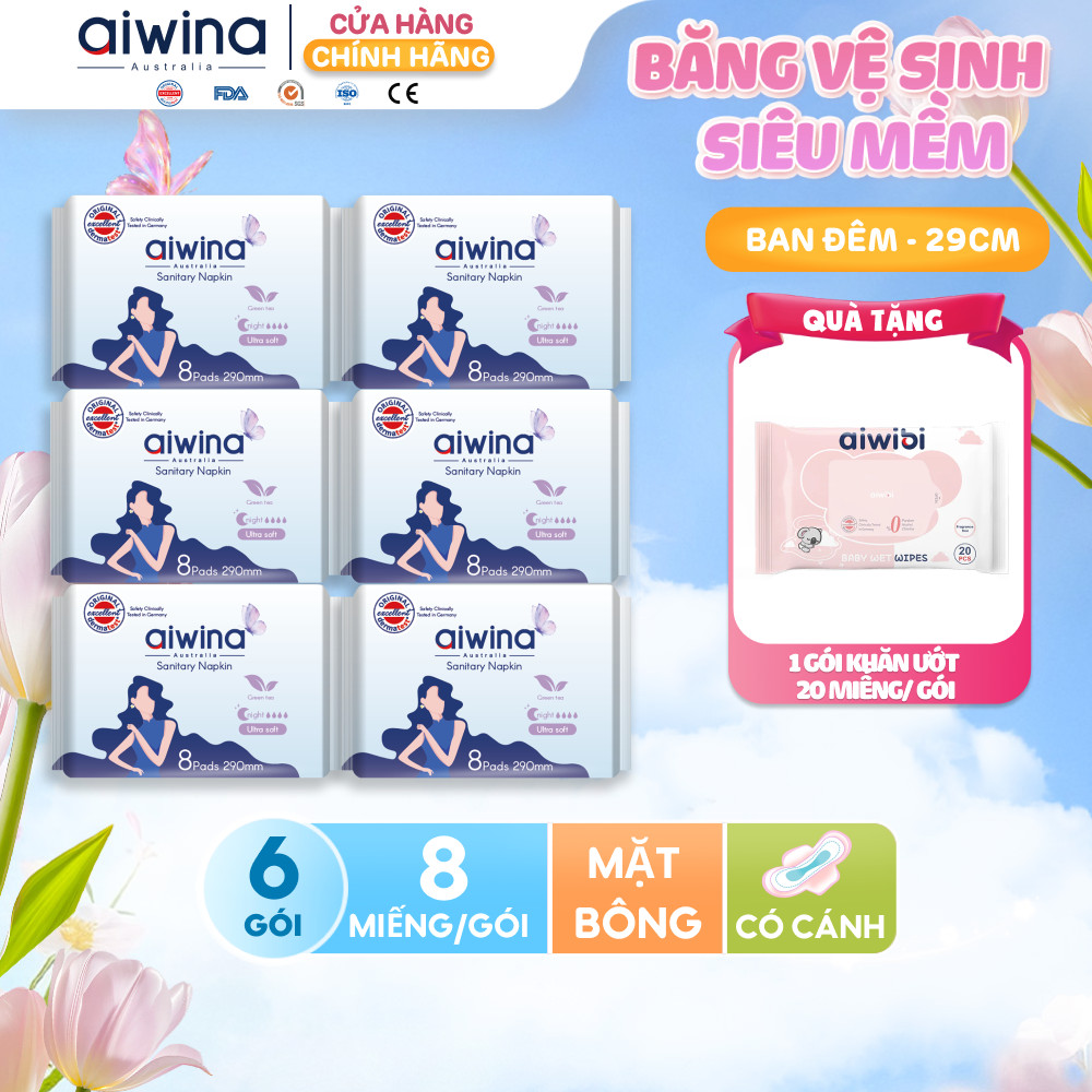 Combo 6 Băng vệ sinh Aiwina siêu mềm ban đêm 29cm gói 8 miếng