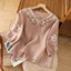 Áo thun Cotton thêu ba phần tư tay áo nữ cổ điển dáng rộng nghệ thuật thêu áo thun