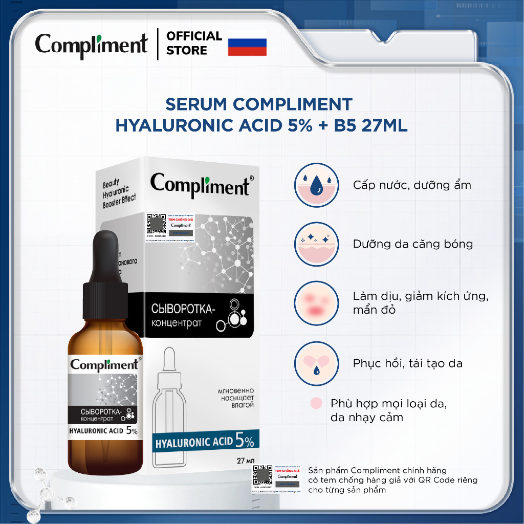 Serum Compliment Hyaluronic Acid 5% + B5 cấp nước, giữ ẩm, phục hồi 27ml